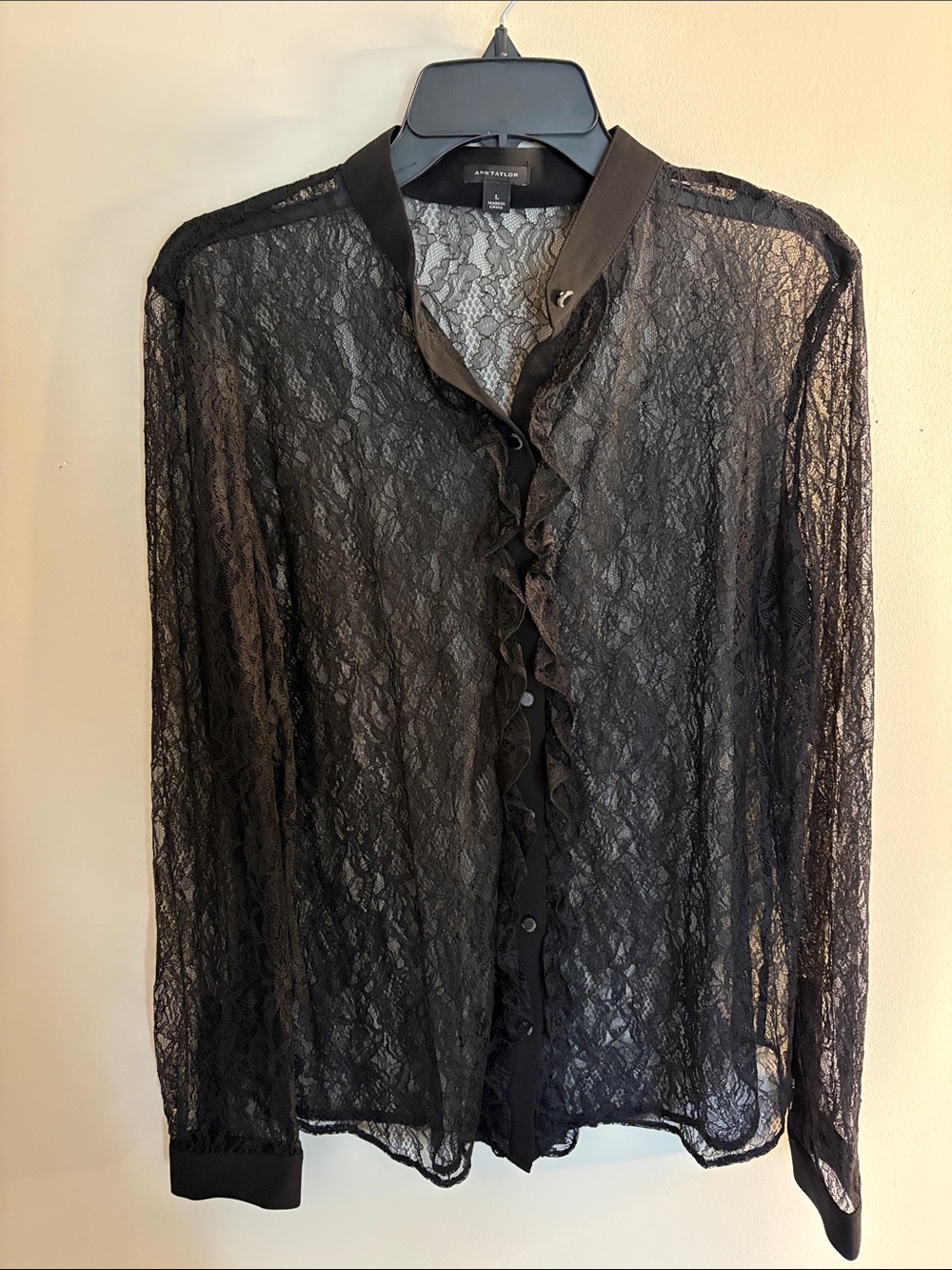 Anne Klein Sheer Black Lace Ruffle Blouse